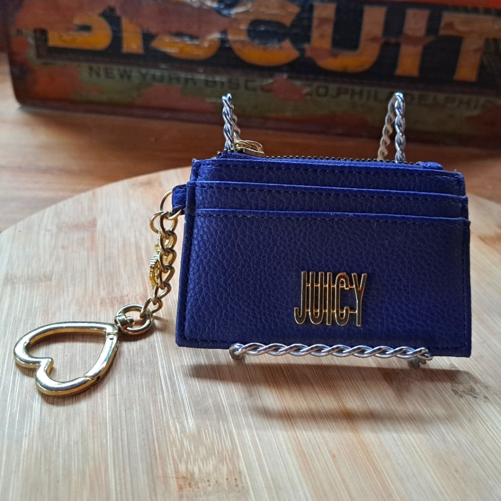 Juicy Couture Card Holder Wallet Keychain Navy Blue Zip Coin Pouch ID Case